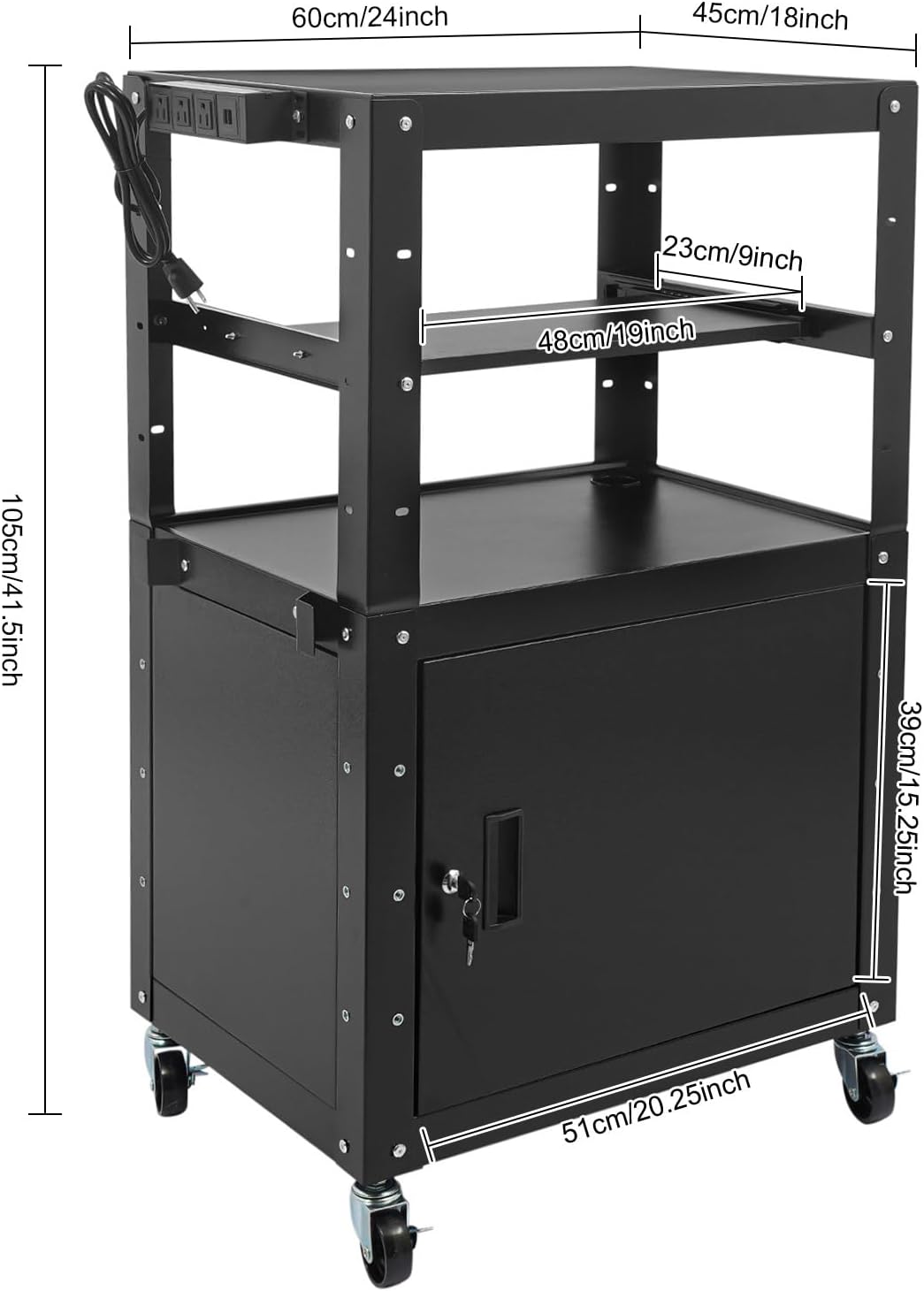 AV Presentation Cart Stand Metal Presentation Cart Rolling Media Cart with Storage Cabinet Keyboard Tray Metal Construction Rolling Storage Cart for Classroom, Office (Black)