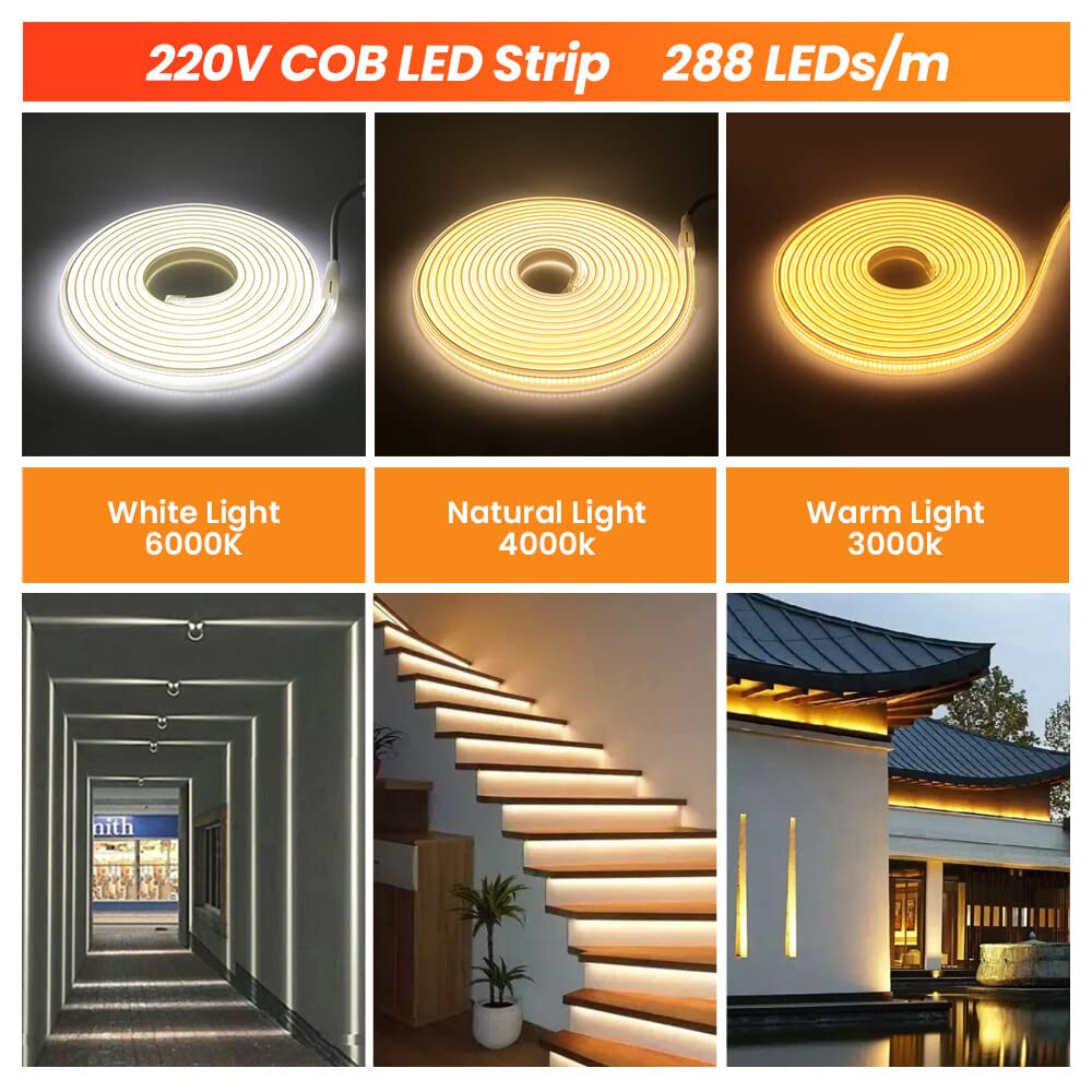 Dimmbar COB LED Streifen 10m,220V 288 LEDs/m FCOB Naturweiß 4000K LED Band CRI>85,Hohe Dichte Flexibler Wasserdichte Superhell COB LED Lichtband mit Dimmer für Schlafzimmer, Schrankbeleuchtung