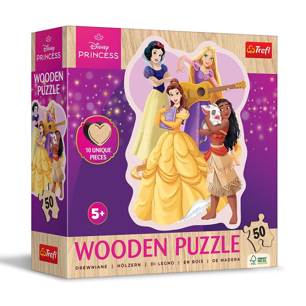 Trefl – Puzzle en Bois : Disney Princess, Princesses charmantes - Puzzle en Bois de 50 pièces, Formes irrégulières, 10 Figurines. Puzzle Moderne pour Enfants de 5 Ans et Plus