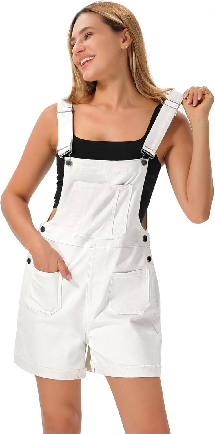 roswear Denim Overall Shorts for Women Stretchy Jumpsuits with Adjustable Strap Cuffed Hem