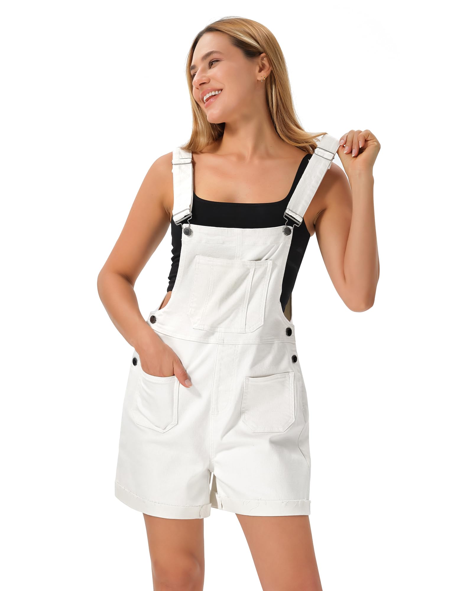 Denim Overall Shorts for Women Stretchy Jumpsuits with Adjustable Strap Cuffed Hem