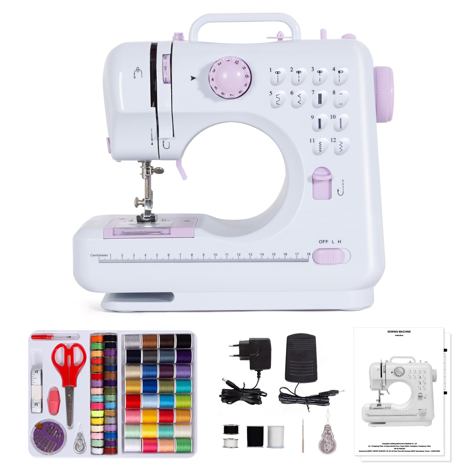 Todeco Nähmaschine für Anfänger und Kinder, 12 Stichmuster, Nähmaschine Klein mit Fußpedal Nählicht Elekt, mit Nähset (Lila)