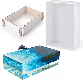 Large Rectangle Silicone Molds Resin Deep Epoxy Mold with Wooden Frame Support for DIY Flower Preservation, Bookends, Home Decor Art and Craft Projects (7.5x5.2x1.9in)