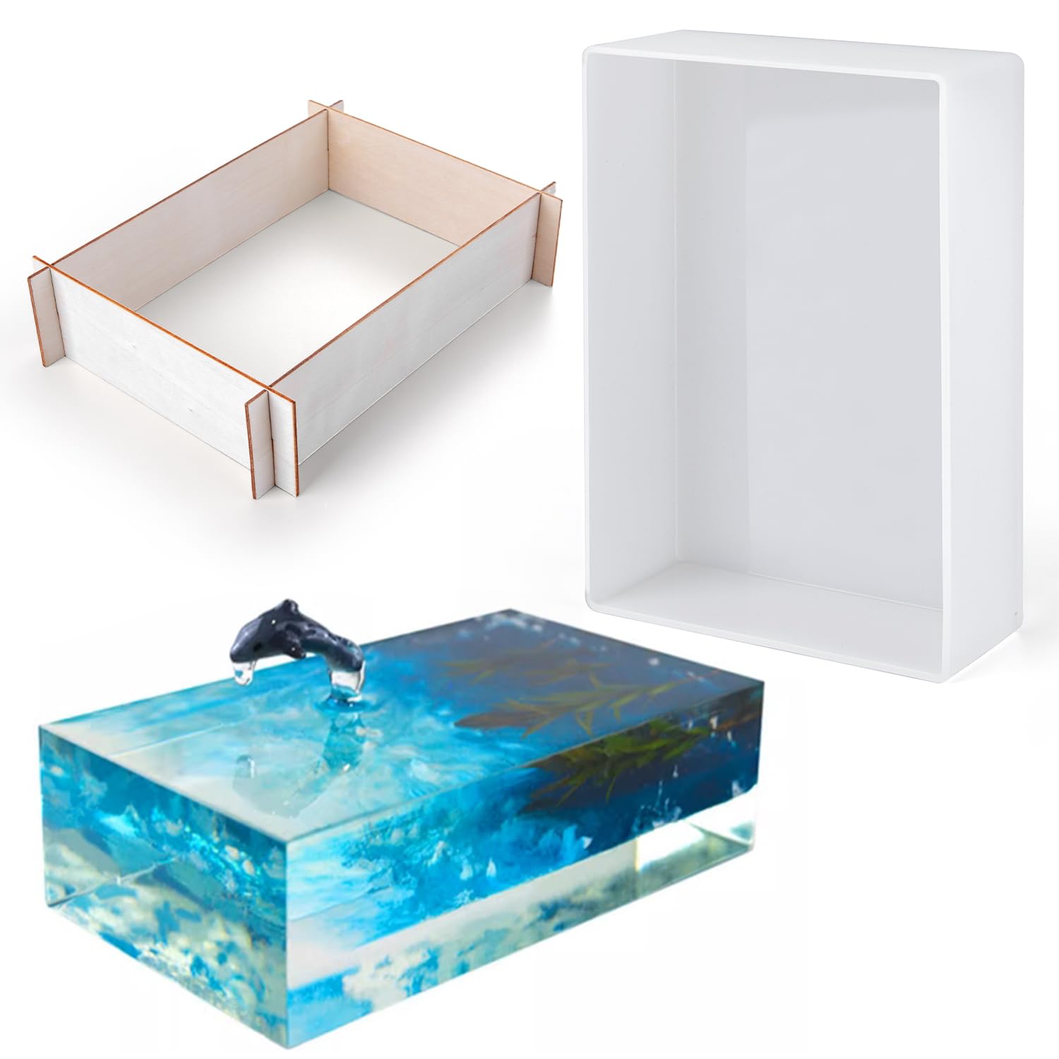 Waitamo Large Rectangle Resin Moulds Silicone Deep Epoxy Mold with Wooden Frame Support for DIY Flower Preservation, Bookends, Home Decor Art and Craft Projects (7.5x5.2x1.9in)