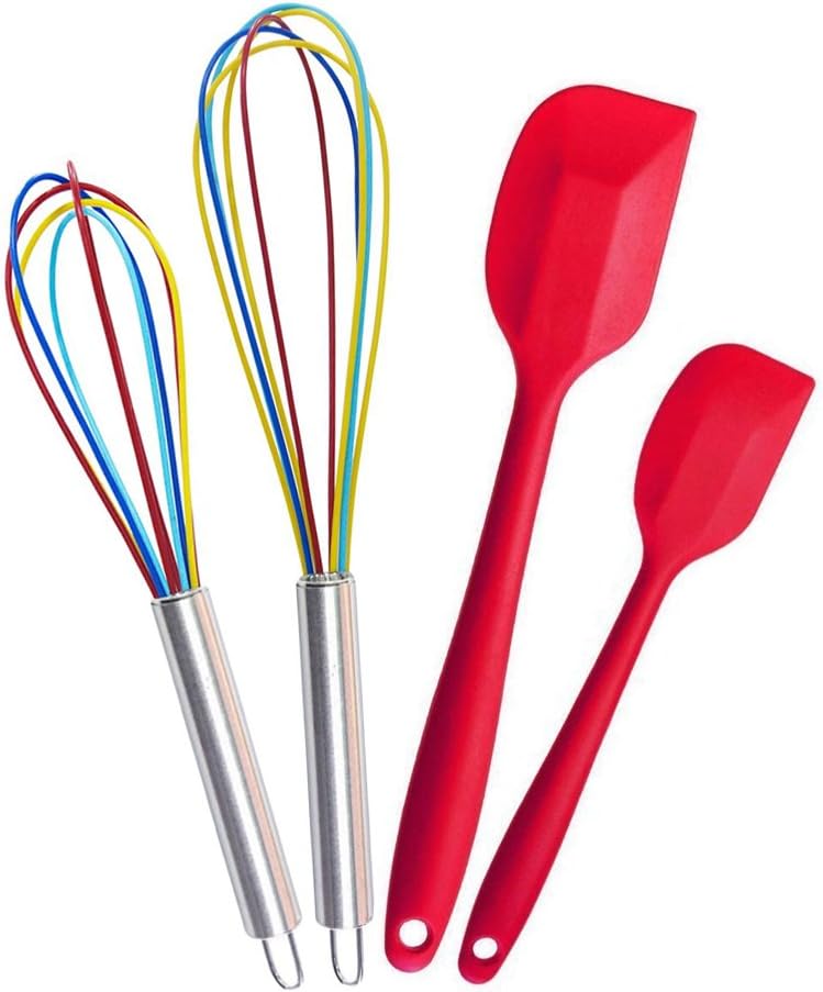 Stainless Steel Silicone Kitchen Utensils Cooking Set Heat Resistant Utensils Cookware 4-Pieces - 2 Silicone Whisk Set and 2 Silicone Spatula Set for Blending, Whisking, Beating