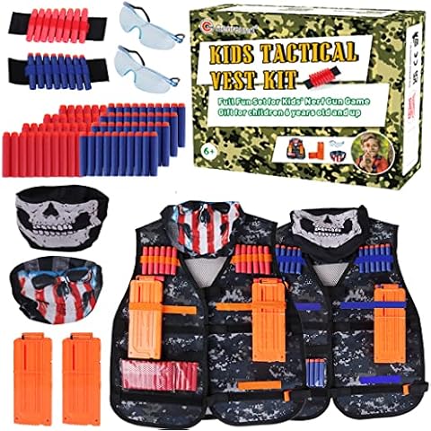 Genround Kids Tactical Vest Kit for Nerf Toy Guns, N-Strike - Camo Black Nerf Vests 2 Pack with 80 Refill Darts, Skull Face Masks, Goggles, Wrist Bands - Kids Sniper Vest for Boys Girls Cover