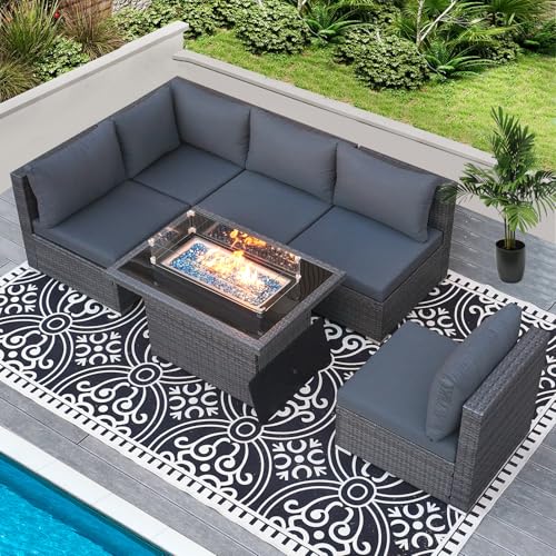 RADIATA 6 Piece Wicker Patio Furniture Set with Fire Pit, All-Weather Outdoor Sectional Couch High Back Large Size, Modular Backyard Seating Sofa Set with Propane/Natural Gas Firepit Table, Dark Grey