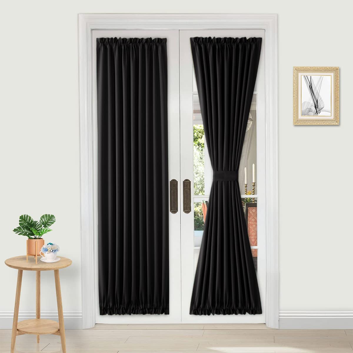 DWCN French Door Curtains โ Rod Pocket Thermal Blackout Curtain for Doors with Glass Window, Kitchen and Patio Doors for Privacy, 36 X 72 Inches Long, 1 Curtain Panel with Tieback,Black โ image 1