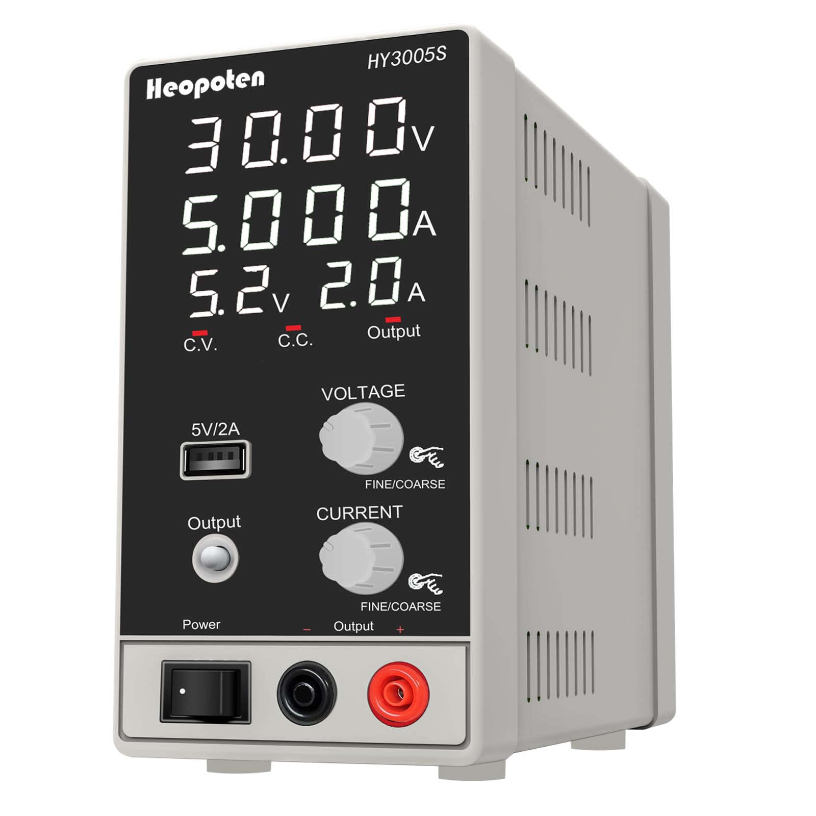 Labornetzteil HEOPOTEN 30V 5A DC Regelbar Netzgerät mit 4-stelliger LED-Vollanzeige der Spannungs- und Stromwerte, 5V2A USB-Ausgang, Alligatorkabeln und Netzkabel