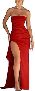 YMDUCH Women's Elegant Strapless Bodycon Ruched Ruffle High Split Long Formal Evening Dress