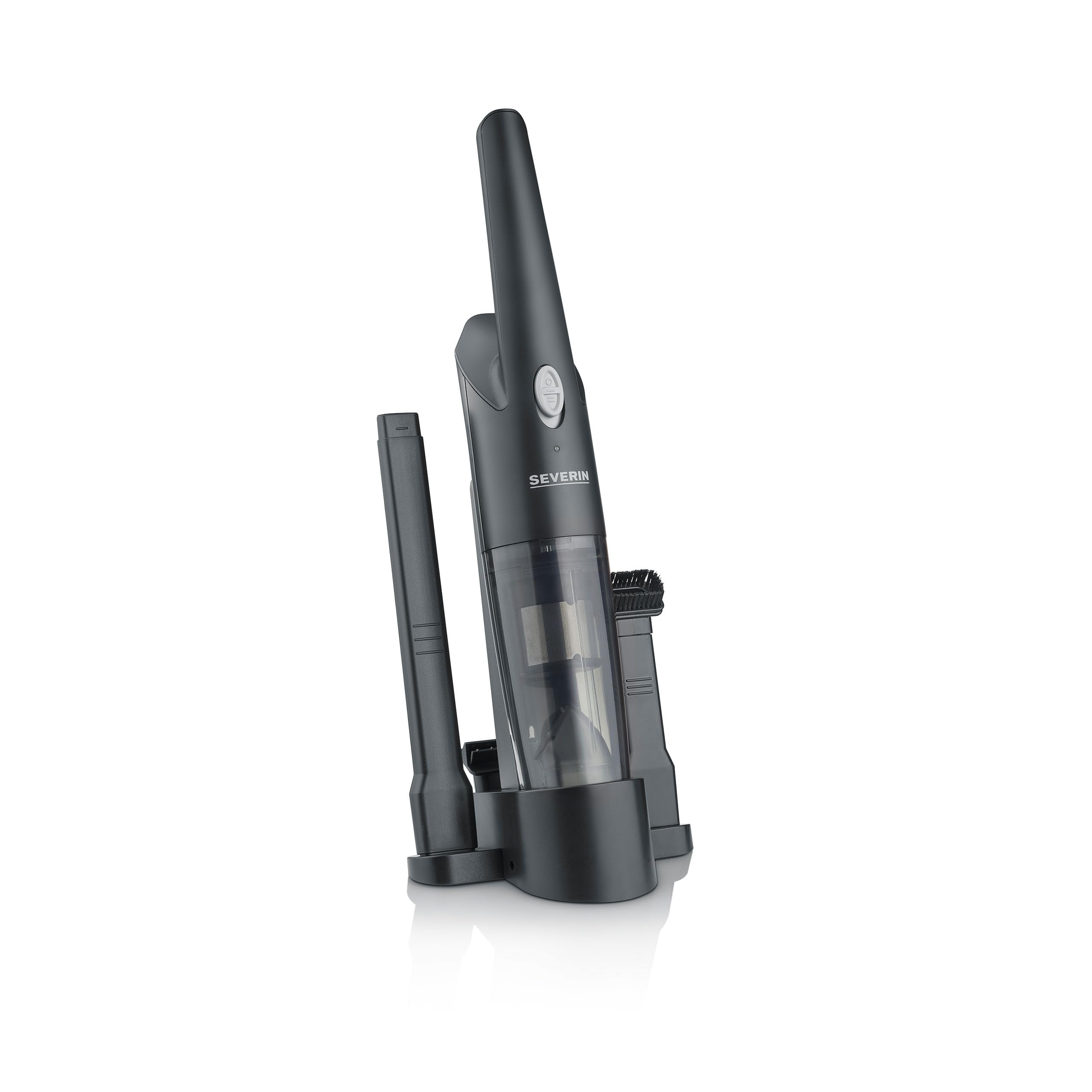 Severin 3-in-1 Handstaubsauger Akku, schlankes Design, bis zu 25 Minuten Laufzeit, 275 ml, Nass- & Trockensauger, mit Gummidüse, aufsteckbarer Möbelaufsatz, schwarz, HV 7132