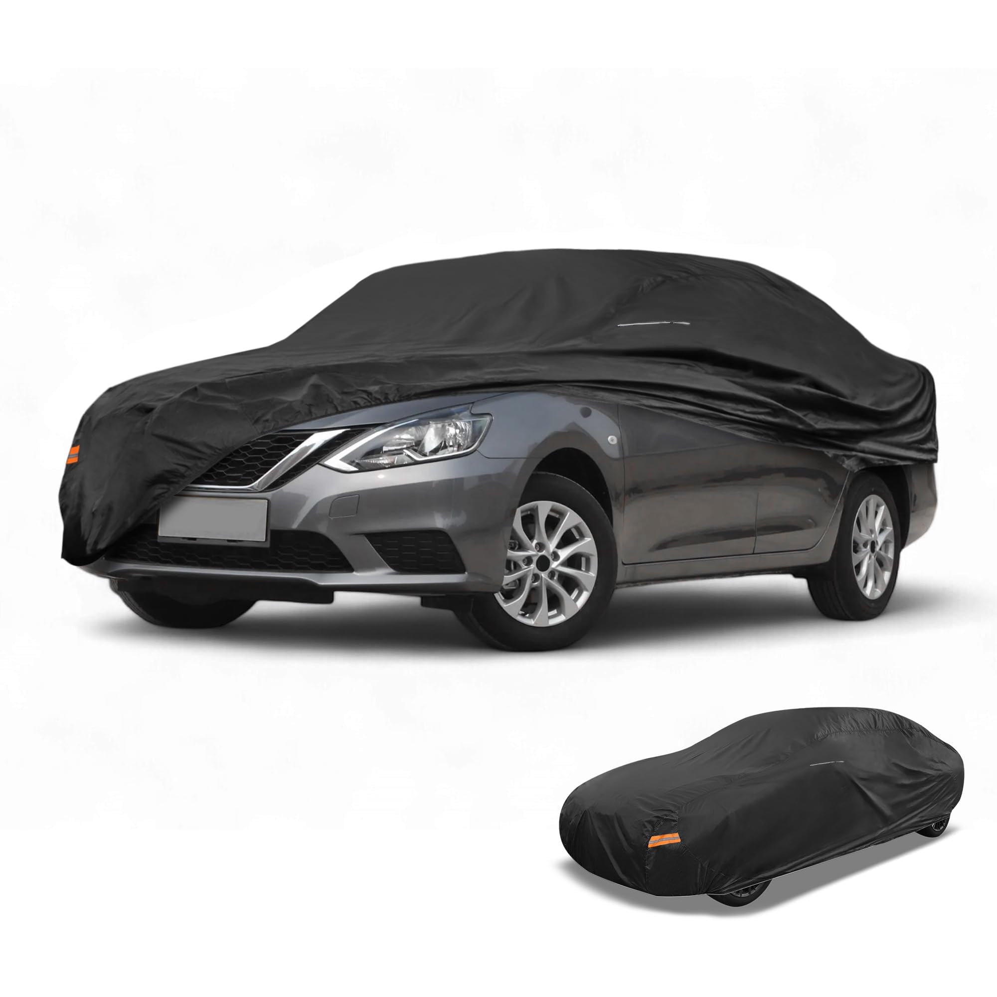 Partuto Waterproof All-Weather Universal Sedan Car Cover with Right Side Zipper Mirror Pocket 210D-PU Black Fits for Sedan