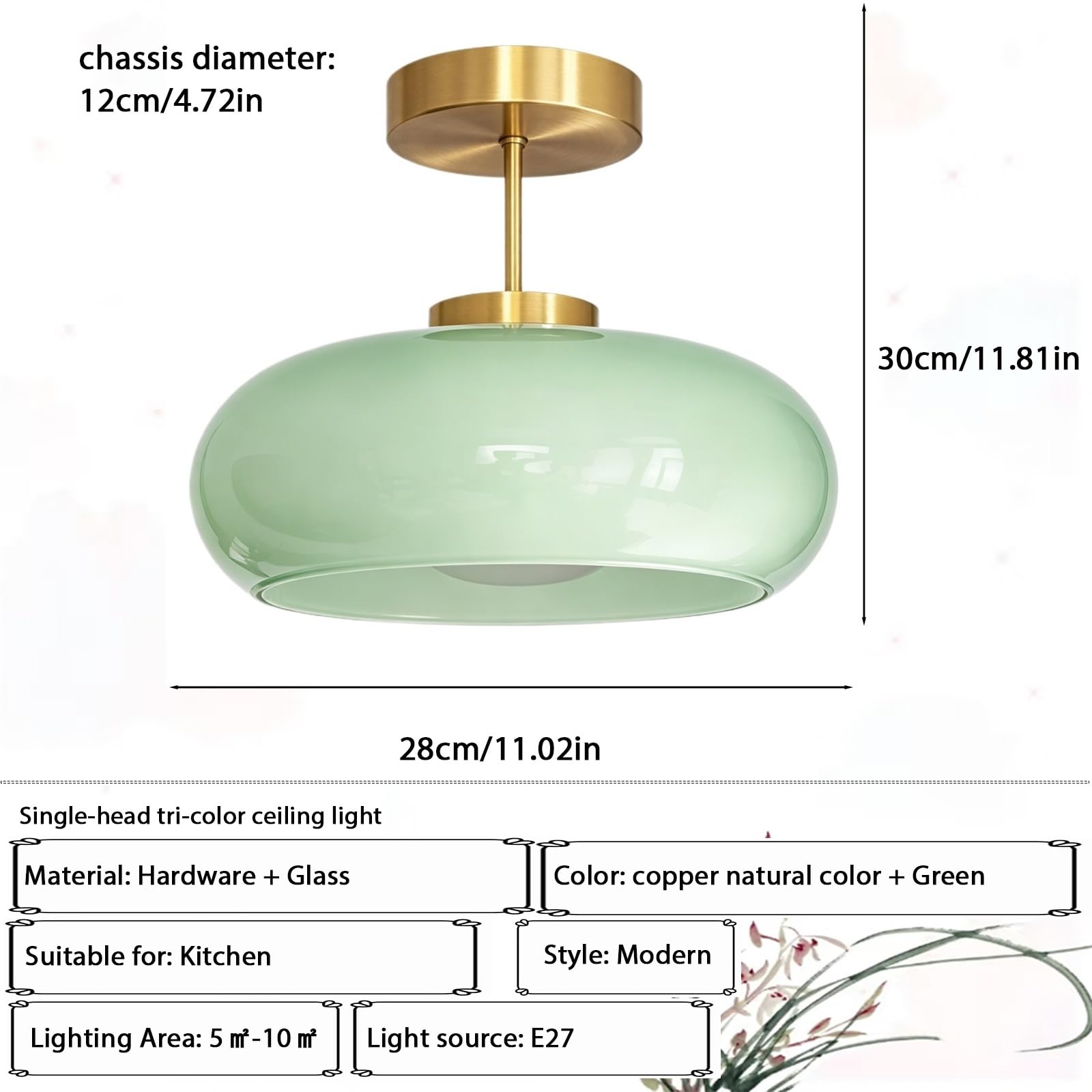 Ovale Hängelampe mit transparentem Glasschirm, Pendelleuchte, dimmbare Deckenleuchte mit Metallsockel, acht Farboptionen for die Küche im Eingangsbereich(Copper natural color+green)