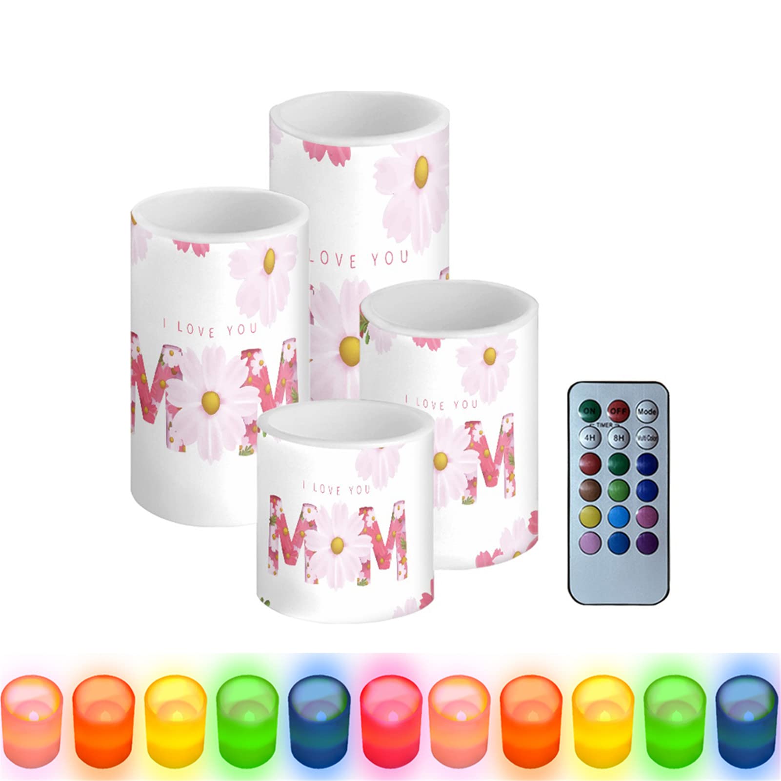 HUGS IDEA I Love You MOM LED Flameless Candles with Remote,Christmas Flameless Candles Flickering with 4 8 H Timer [Rainbow - Remote Control]