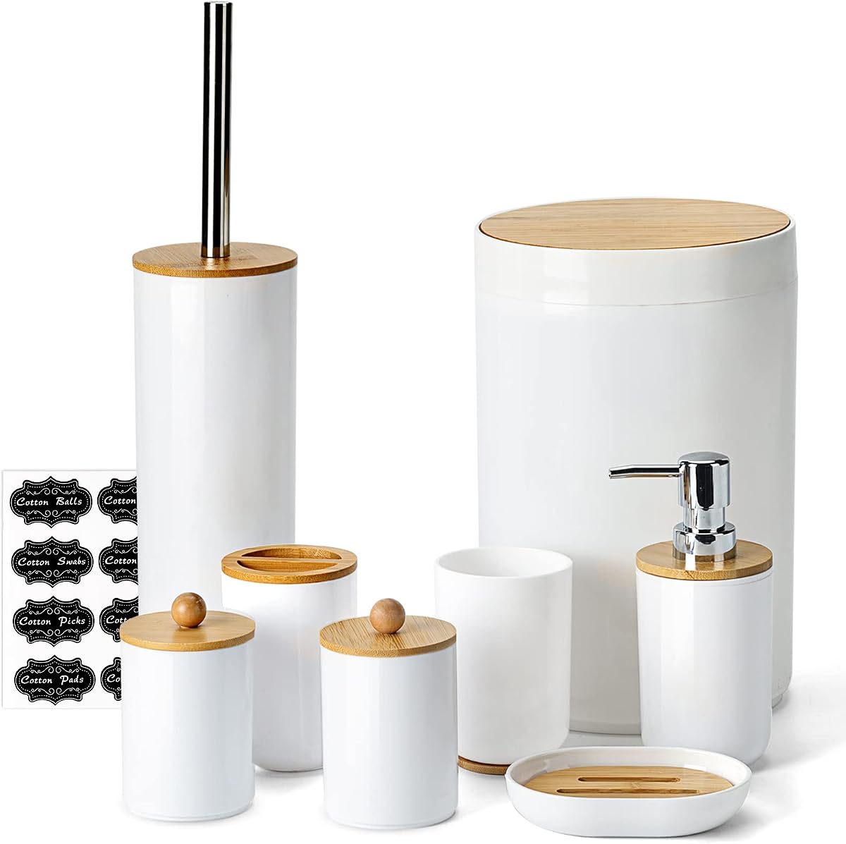 Accesorios de baño de bambú, juego de accesorios de baño de 8 piezas con bote de basura, soporte para cepillo de dientes, dispensador de jabón, jabonera, soporte de plástico Qtip