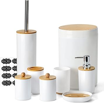 Fixwal Bamboo Bathroom Accessories, 8pcs Bathroom Accessory Set with Trash Can, Toothbrush Holder, Soap Dispenser, Soap Dish, Plastic Qtip Holder