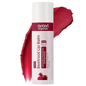 Aravi Organic Beetroot Tinted Lip Balm SPF 50 PA+++ | Brightening Lip Balm for Dark Lips | Hydrates Dry & Chapped Lips | Kojic Acid, Ceramide, Peptide & Vitamin E | Men & Women | 5g
