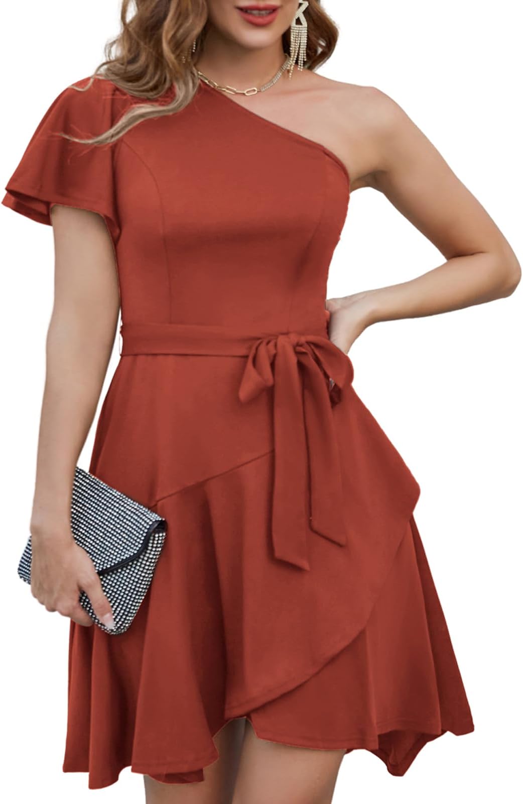 GRACE KARINWomen's Cocktail Dresses Elegant One Shoulder Wedding Guest Dress Ruffle Short Sleeve A Line Party Dresses