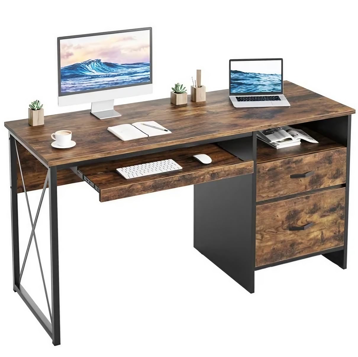 TEKAVO Office Table with Drawer Storage + Keyboard Tray | Computer Table for Home Workstation pc | Modern Work Desk (Brown Wood, Metal | 75 x 140 x 55 CM) - DIY Assembly