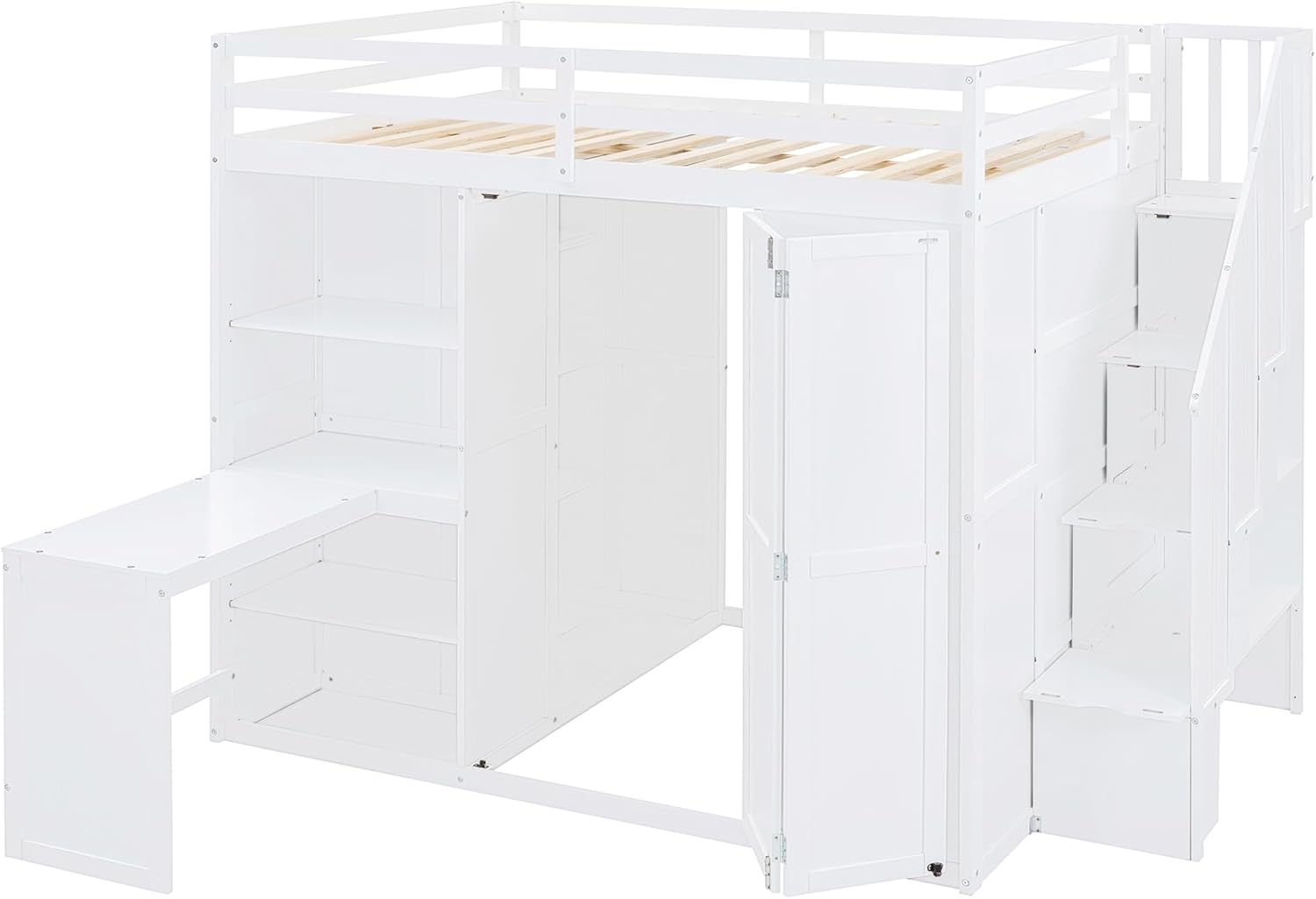 Loft Bed with Stairs, Full Size Loft Bed with Wardrobe, Desk and Storage Shelves, Full Loft Bed Frame for Dorm, Boys & Girls, Teens, No Box Spring Needed (White)