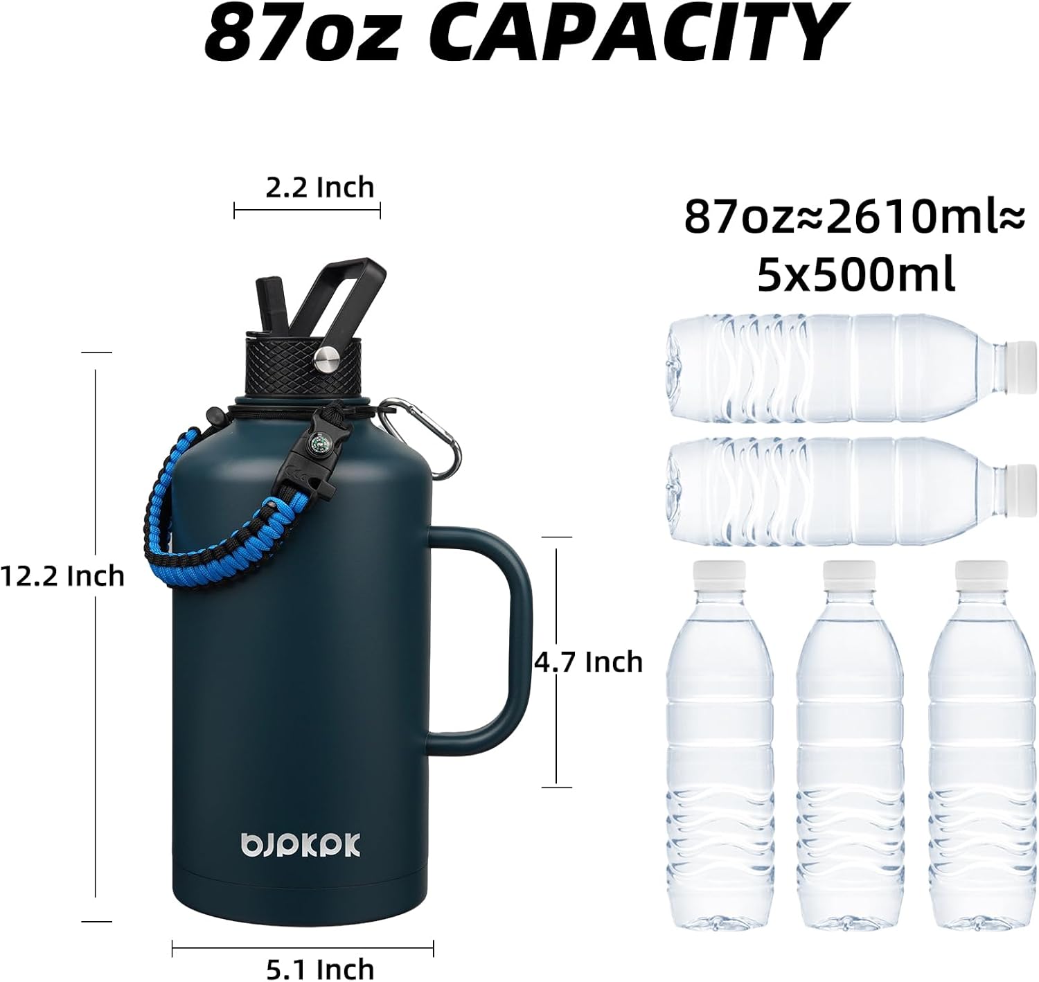 BJPKPK 2/3 Gallon Water Bottle Insulated with Straw Lid, 87oz Large, Stainless Steel Water Bottles with 3 Lids and Paracord Strap, Double Wall Vacuum Metal Water Jug,Navy Blue - Image 5
