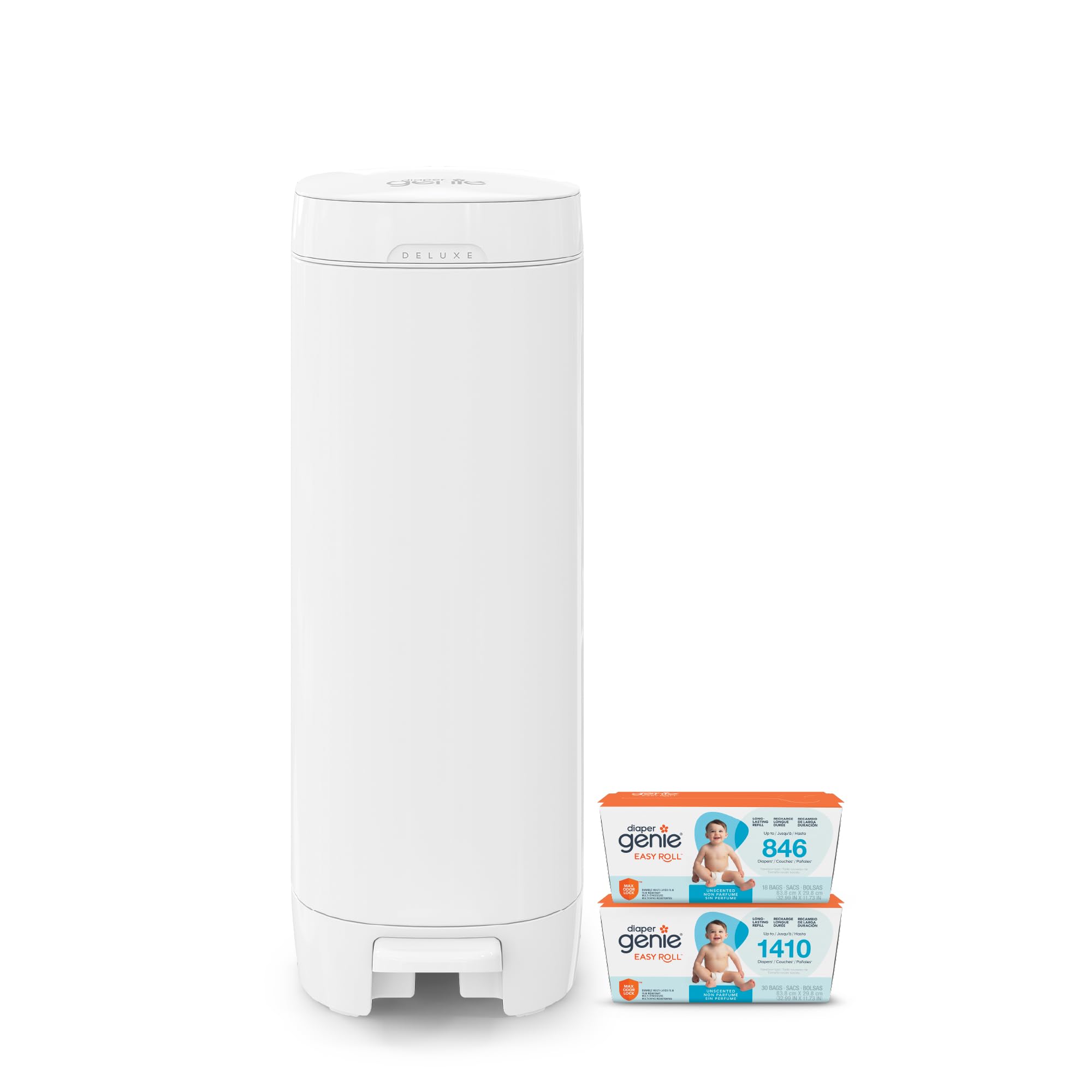 Diaper Genie Deluxe Gift Set Pail – Diaper Disposal Made in Stainless Steel | Hands-Free Foot Pedal & Easy-Glide Function| Includes 2 Easy Roll Refills (48 Bags) | Baby Shower Gift