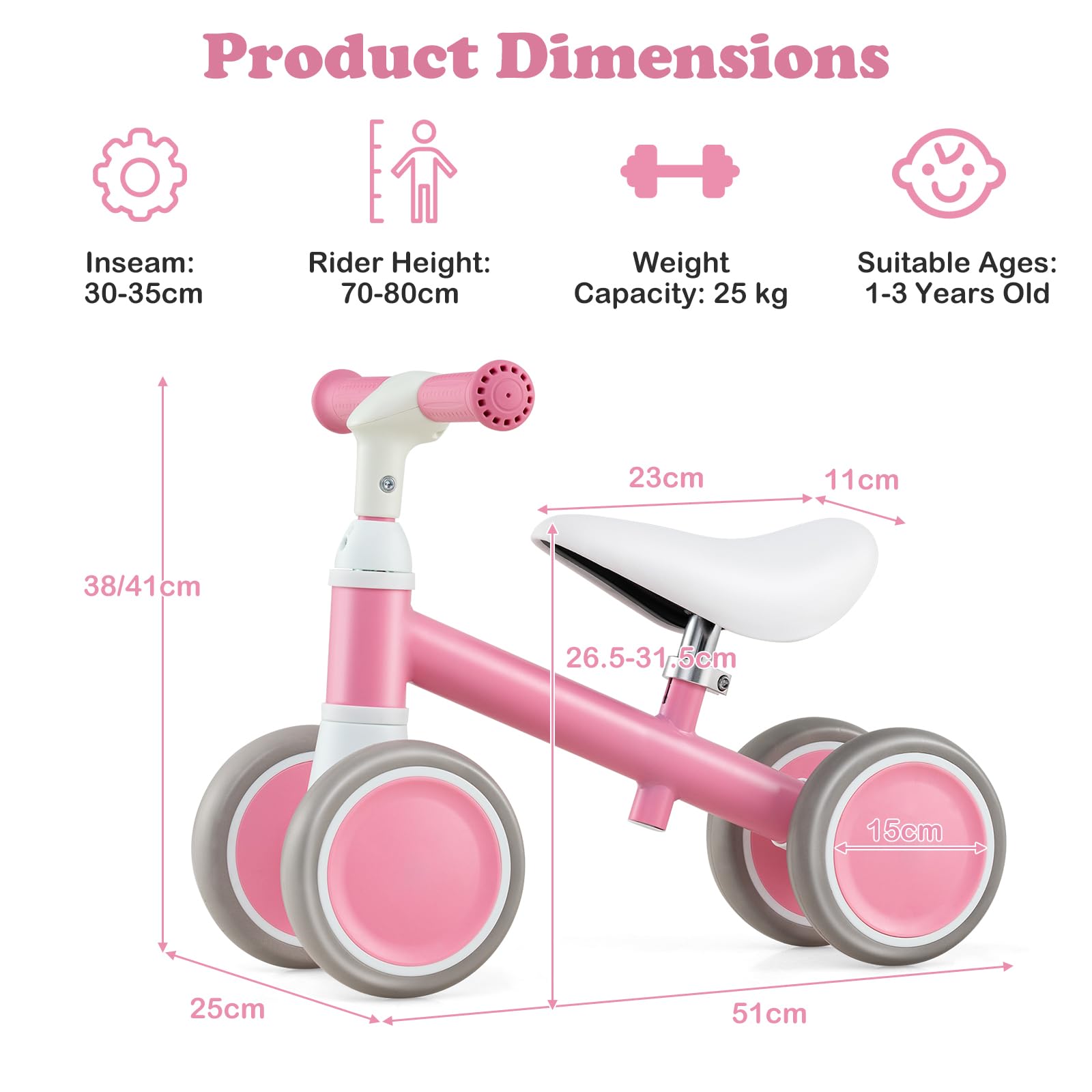 SOARS Bicicletta Senza Pedali Bambini 1-3 Anni, Balance Bike con Seduta Regolabile 26,5-31,5 CM, 2 Ruote EVA Antiscivolo, Volante Sterzo Limitato a 80°, Carico 25 KG, Regalo Bambina