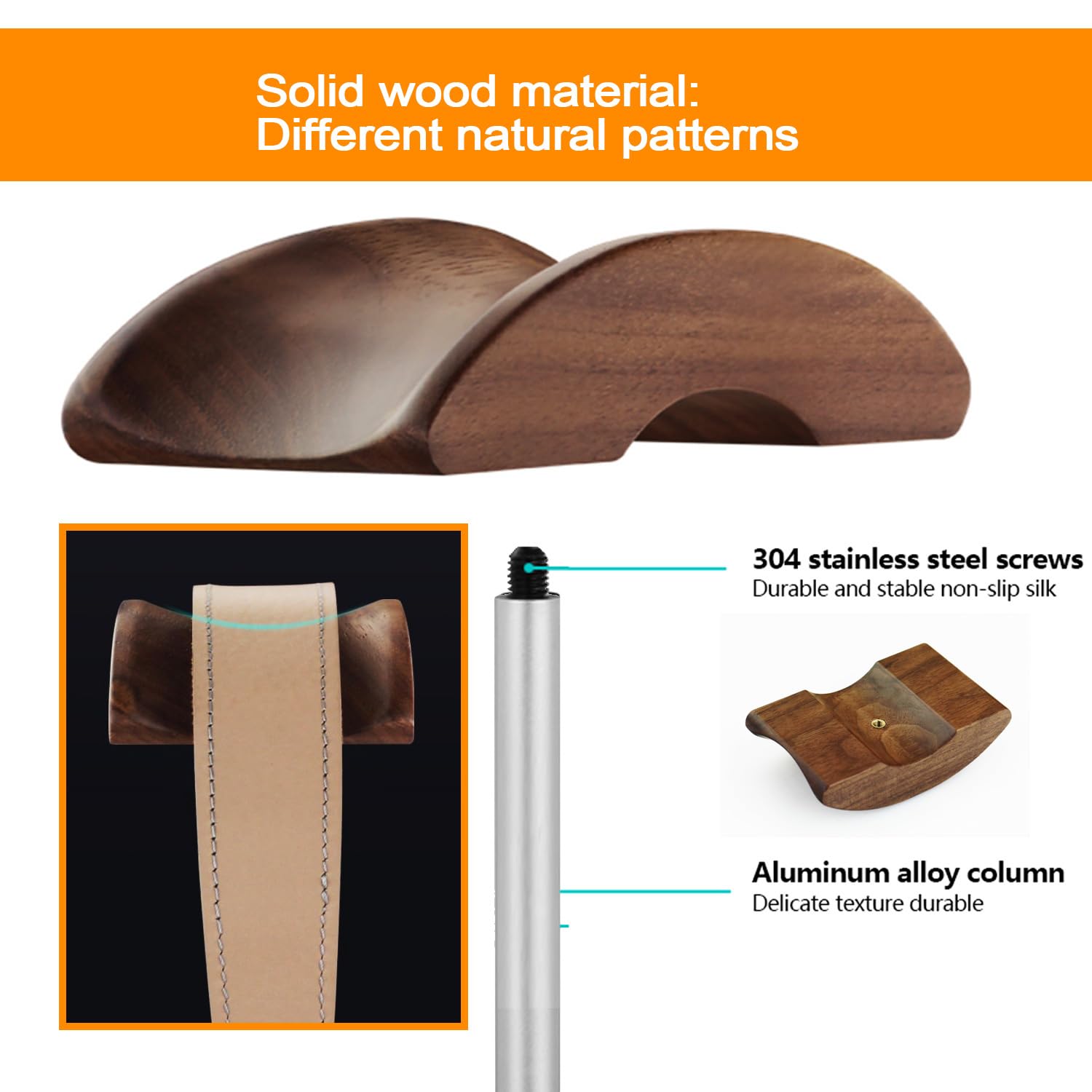 BEVCEFCC Headphone Stand Headset Holder with Wood and Aluminum Desktop Headphone Stand Headset Stand for Desk with Solid Heavy Base Wood Headphones Stand for All Headphone Sizes (Silver)