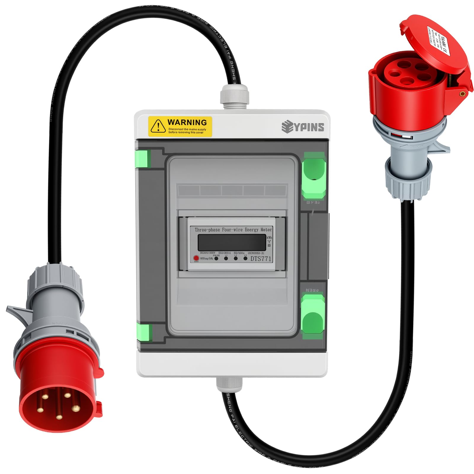 EYPINS Digitaler Stromzähler CEE Steckdose 16A 400V, IP55 Drehstromzähler mit Reset-Funktion, Energiekostenmessgerät mit 16A CEE Stecker & Kupplung für Caravan, Elektroauto