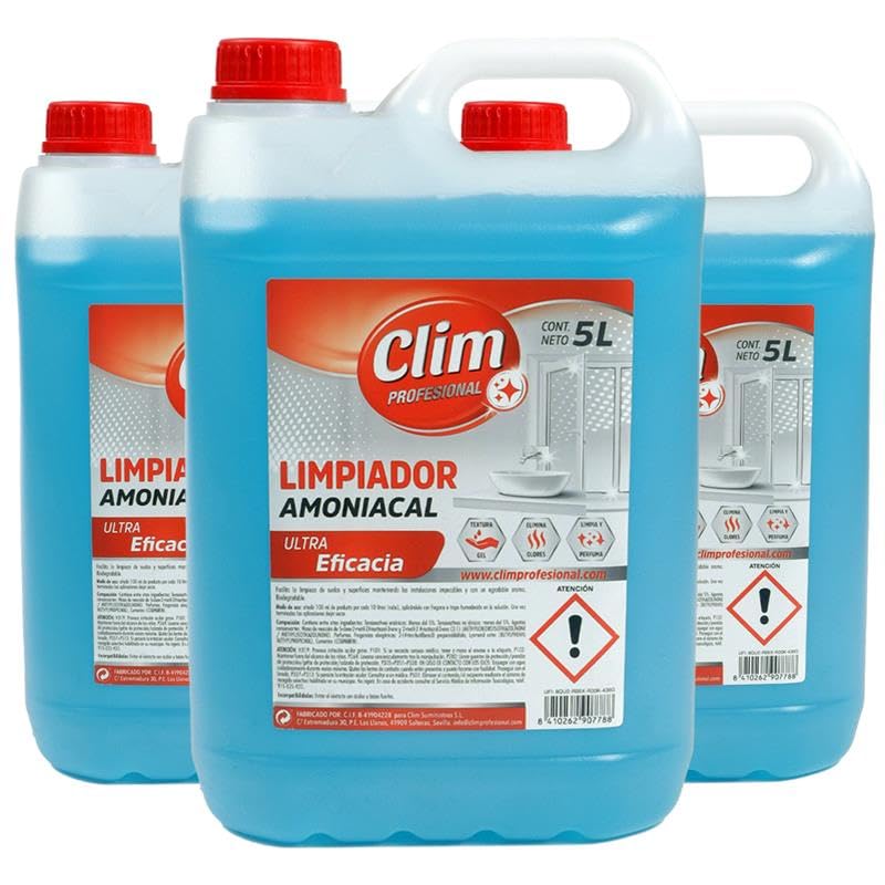 Clim Profesional - 3 garrafas 5L Limpiador Amoniacal Alta Densidad 5L | Limpieza Profesional Cocinas y Baños | Multiusos: Suelos, Textiles| Caja 15 litros