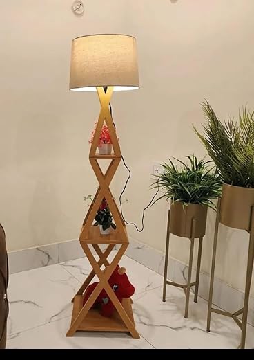 AIO Deco Wooden Floor Lamp with 3 Tier Shelf, Jute Shade for Living Room Decoration, Pack of 1