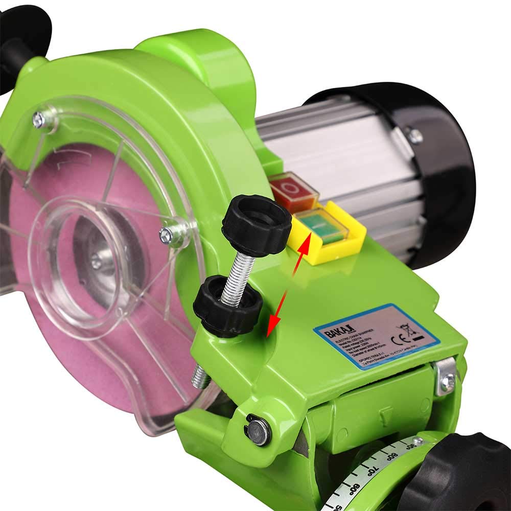 Bakaji - Afilador de cadenas eléctrico de banco para cadena de motosierra, con apriete automático y ángulo de afilado ajustable, potencia 230 W, 3000 rpm, 2 discos 145 mm incluidos