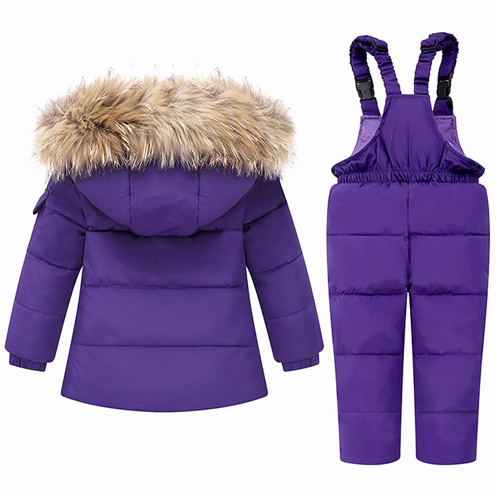 Conjunto de ropa de invierno para bebé/niño pequeño, 2 piezas, traje de esquí, traje de invierno de dos piezas (chaqueta de plumón con capucha de pelo + pantalones de plumón/peto)