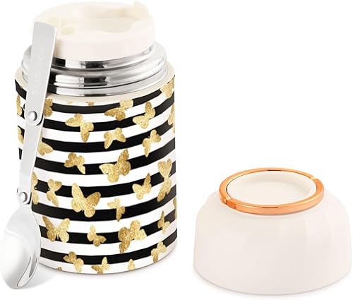 Black White Stripes Butterflies Food Jar with Spoon Stainless Steel Vacuum Insulated Food Container 17 oz Food Flask for Adults