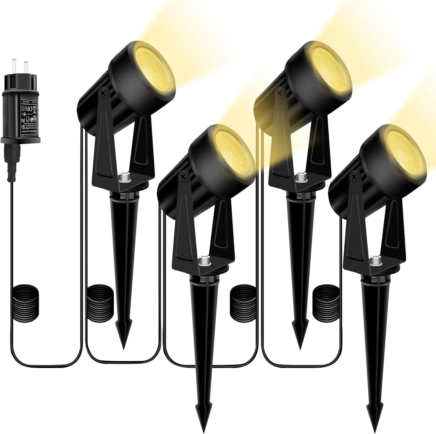 Bomcosy Garden Lighting, 14 m / Set of 4 Garden Lights with Ground Spike, DC 27 V 600 LM IP65 Waterproof LED Garden Spotlight with Plug, Warm White Spotlight Garden Lamp Path Lighting Spot Outdoor