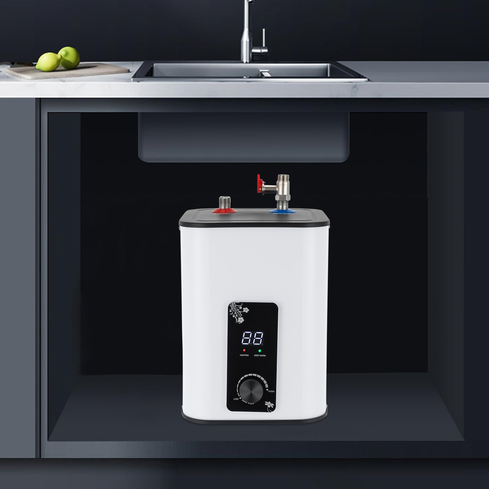 8L Warmwasserspeicher, Untertisch Boiler 1500 W Mini Elektro Warmwasserbereiter, Untertischgerät, Küchen Warmwasserbereiter, 0–65 °C Temperatureinstellung mit LED-Display für Küche Bad