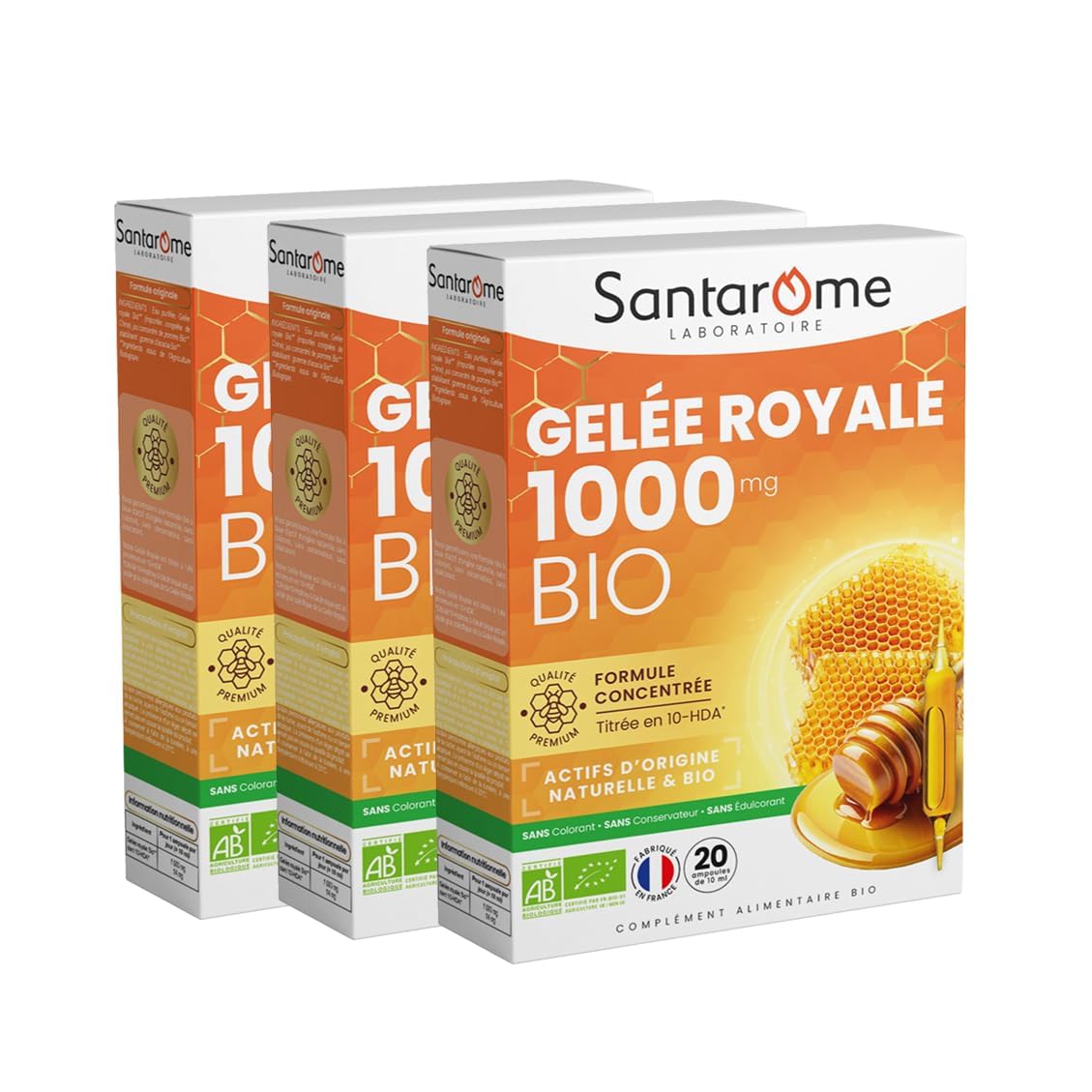 Santarome Ruche Royale Gelée Royale 1000mg Bio Complément alimentaire immunité 10-HDA Lot de 3 x 20 ampoules
