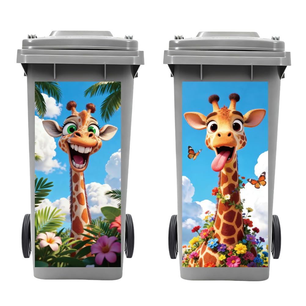 Peacoblue Wheelie Bin Stickers 2 Sheets Funny Giraffe and Flowers Sticky Dustbin Stickers Decals, 15"x 32" Waterproof Large Wraps for Bins, Fridge, Wall Outdoor Indoor Patio Decor, Home Decoration