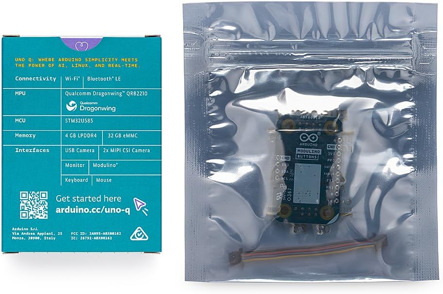 Arduino UNO Q 4GB + Modulino Buttons — Plug‑and‑Play Qwiic Sensor/Actuator Bundle for AI, IoT, Robotics & Prototyping | Linux + Arduino | No‑Solder Modular Expansion