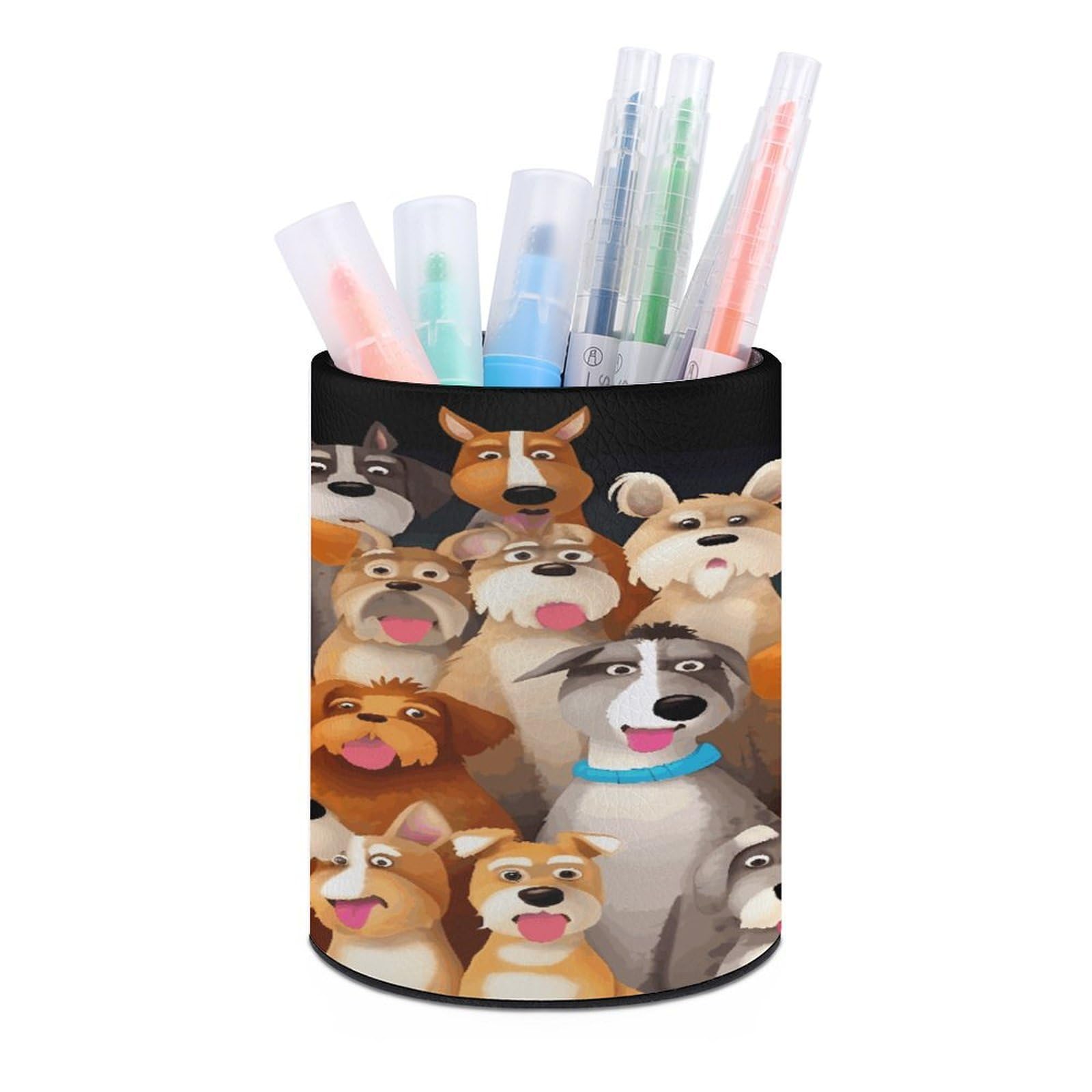 FekiLoot PU Leather Round Pen Holder Dogs Pencil Holder Desk Organizer Pen Organizer Pen Cup Pencil Cup Caddy Desktop Stationery Organizers for Office Home Supplies
