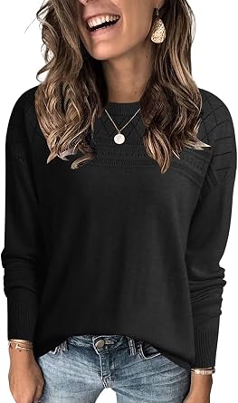 Wkior Sweaters for Women 2026 Long Sleeve Wool Blend Hollow Out Crewneck Sweater Lightweight Soft Fall Pullover Tops
