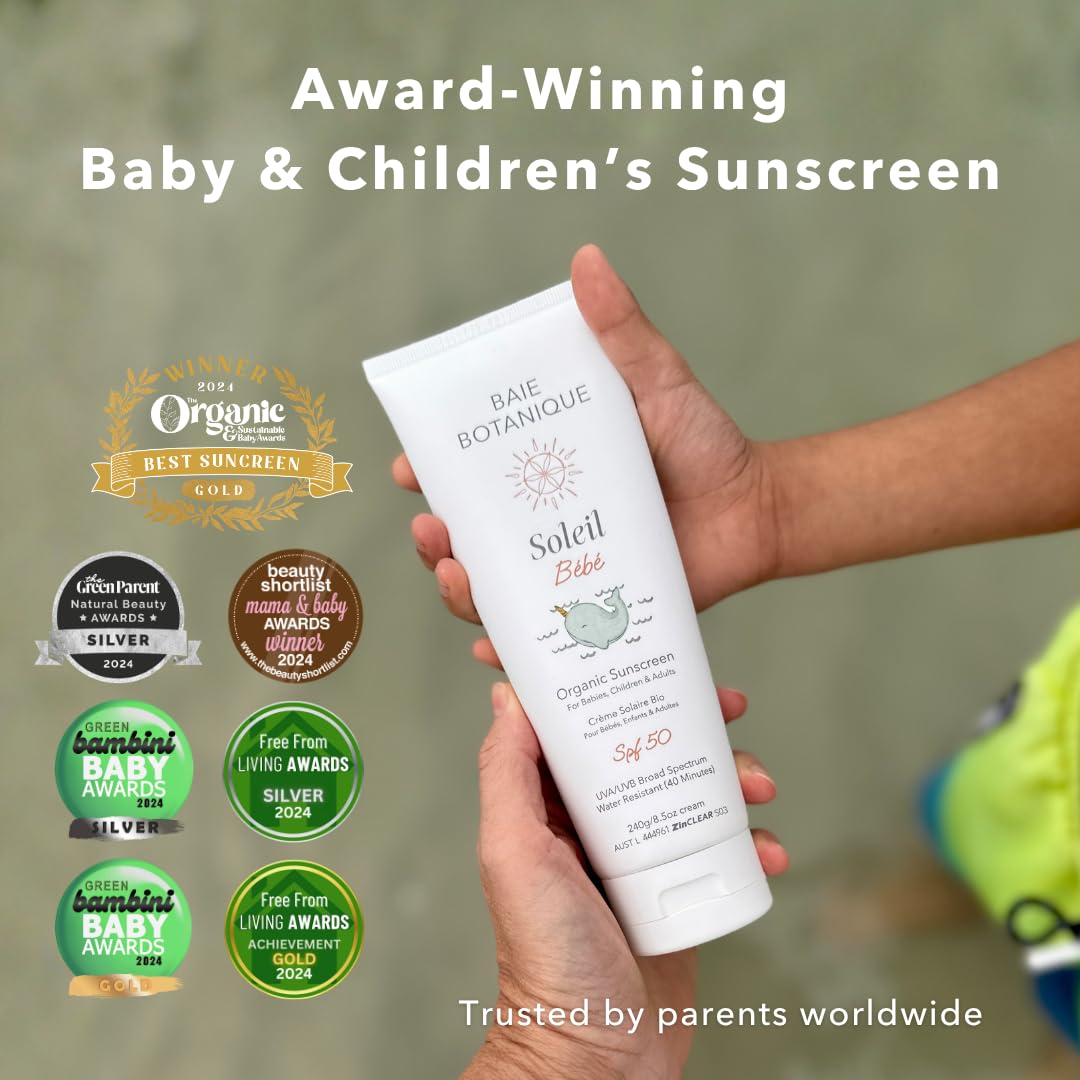 Baie Botanique Soleil Bébé Tube - Protección solar mineral biológica no tóxica para bebés y niños, SPF 50, girasol y jojoba, sin perfume, natural, vegano, sin huella blanca, arrecife