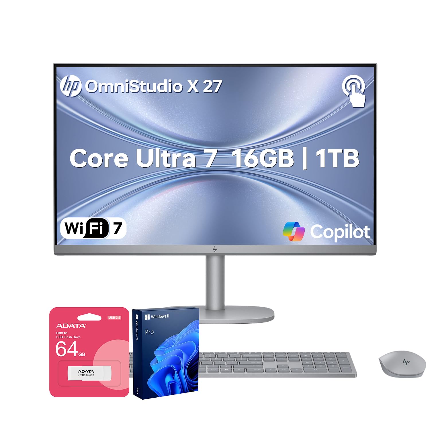 HP OmniStudio X 27 All-in-One Desktop for Professionals, 27" FHD Touchscreen,16 Cores Ultra 7 155H, 16GB DDR5 RAM, 1TB SSD, Wi-Fi 7, Wireless KB & M, W11P, Grey Bundle with ADATA 64GB USB Flash Drive