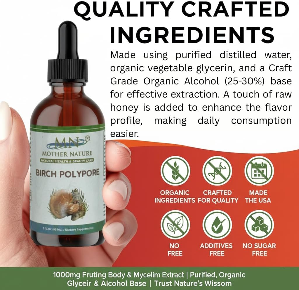 MN Mother Nature Birch Polypore Mushroom Supplement – Internal Balance & Systemic Nurture Formula – Pure Fomitopsis Betulina Extract – Natural Beta-Glucans & Antioxidant Support – Liquid Drops 2oz