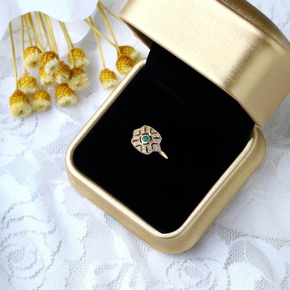 Art Deco Round Cut Diamond Emerald Ring Engagement Vintage Promise Filigree Handmade 925 Sterling Silver 14K Yellow Gold Plated Wedding Anniversary Ring Gifts For Her