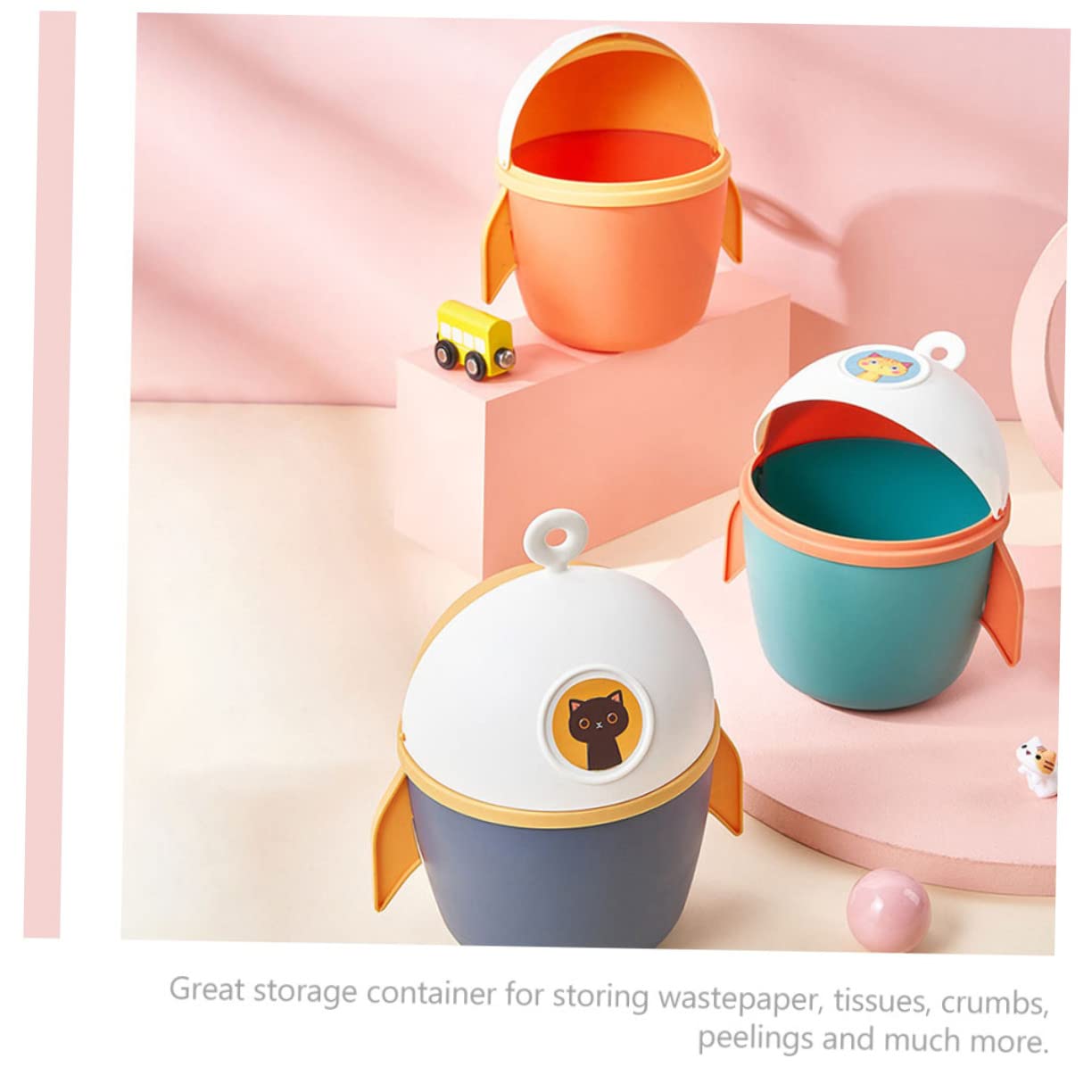 Mini Trash Can Touchless Lid Small Kitchen Desk Bin Adorable Cartoon Design Desk Ash-Box for Office Home