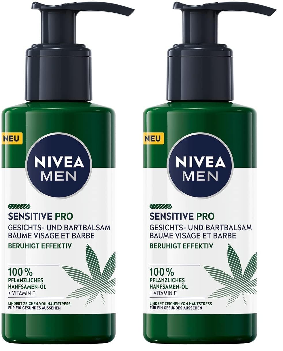 NIVEA MEN Sensitive Pro Gesichts- und Bartbalsam (150 ml), feuchtigkeitsspendende Creme mit Hanfsamenöl & Vitamin E, beruhigender, leichter Balsam für Bartträger (Packung mit 2)