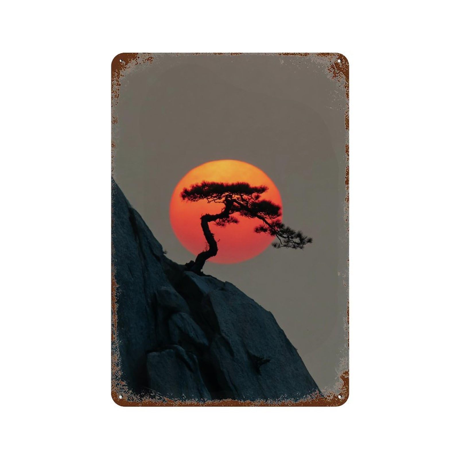 Garage Style Sunset Pine Tree Landscape Aged Metal Wall Plaque 11.8"x7.9", Novelty Wall Decor for Bar And Workshop