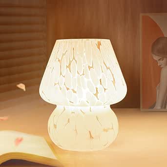 ONEWISH Mushroom Small Bedside Table Lamp, Dimmable Stepless White Glass Nightlight, Murano Style
