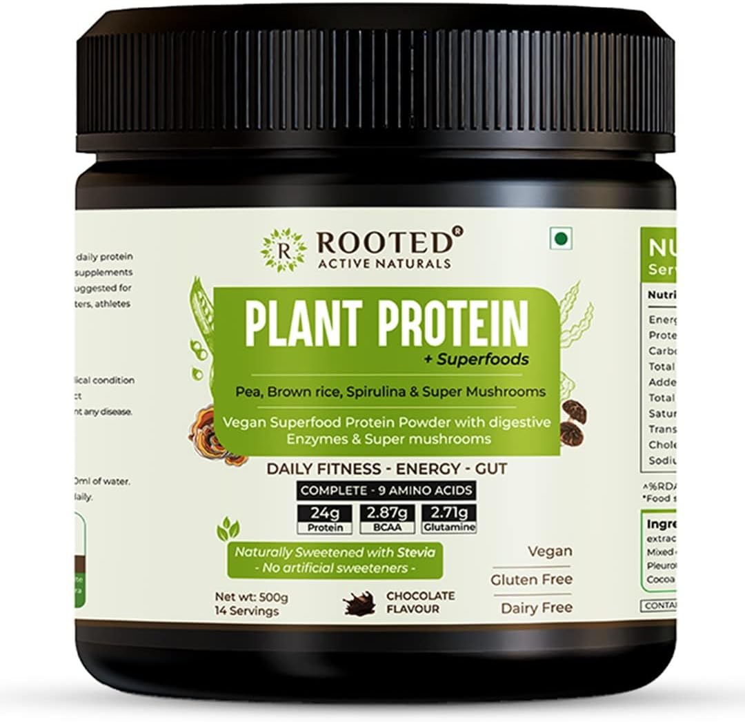 Rooted Actives Plant Protein Powder, 24gm | Pea, Mushrooms, Spirulina & Probiotics | Vegan Protein Powder | Plant Based Protein Powder |